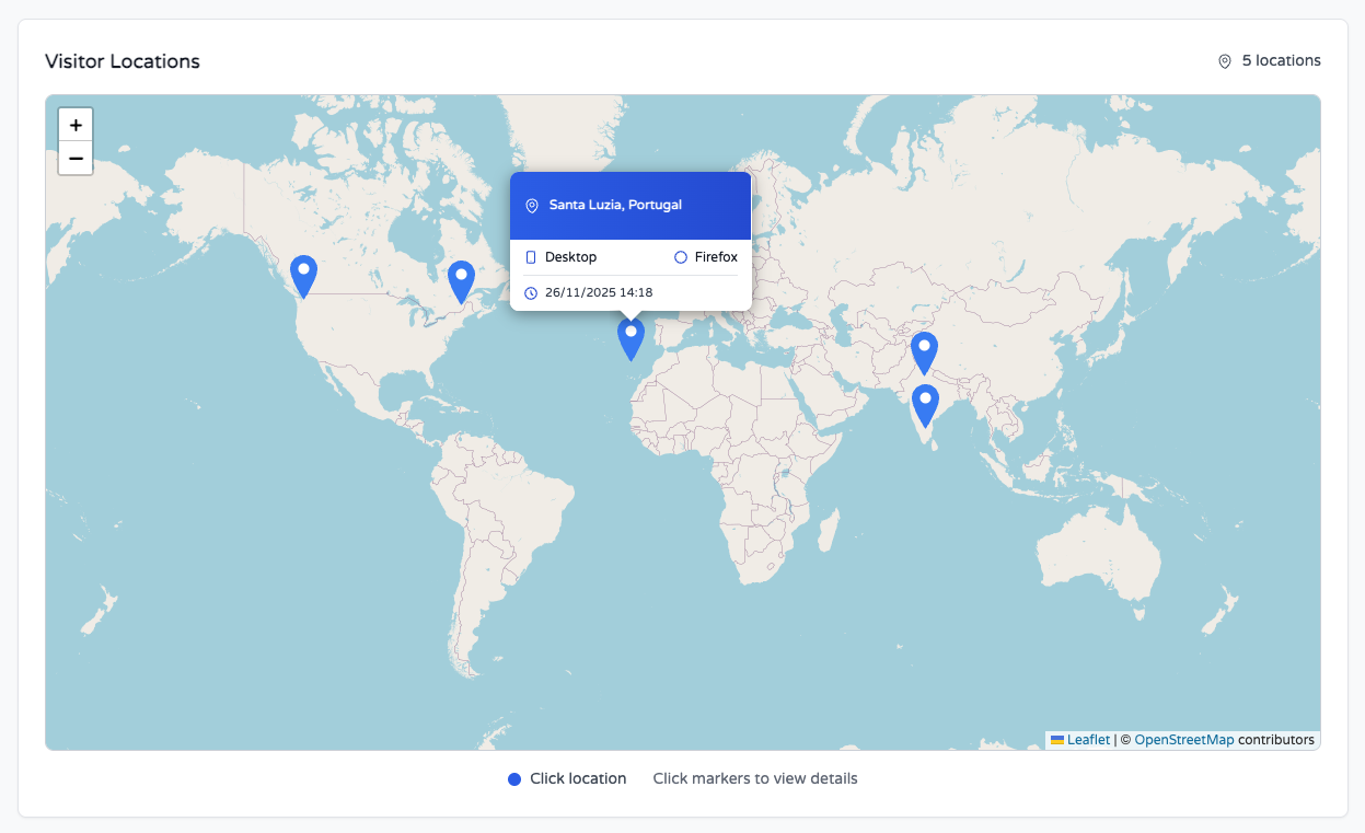 Interactive visitor locations map showing global visitor distribution with detailed session information
