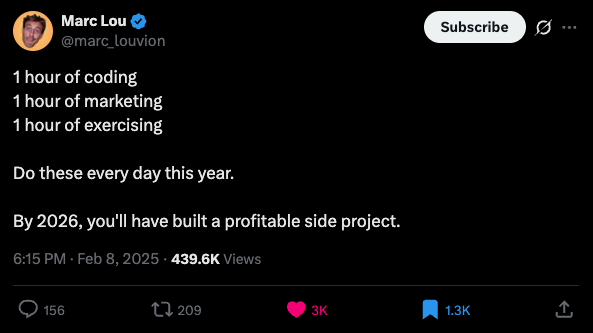 Marc Lou tweet: 1 hour coding, 1 hour marketing, 1 hour exercise