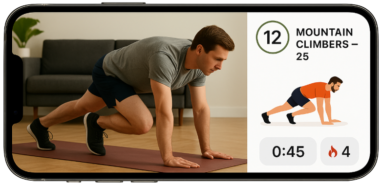 OneUp Today app on smartphone showing workout interface